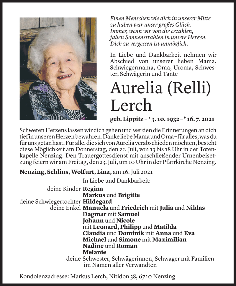  Todesanzeige für Aurelia Lerch vom 19.07.2021 aus Vorarlberger Nachrichten