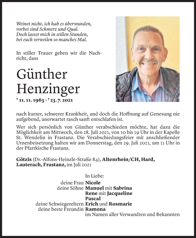  Todesanzeige für Günther Henzinger vom 26.07.2021 aus Vorarlberger Nachrichten