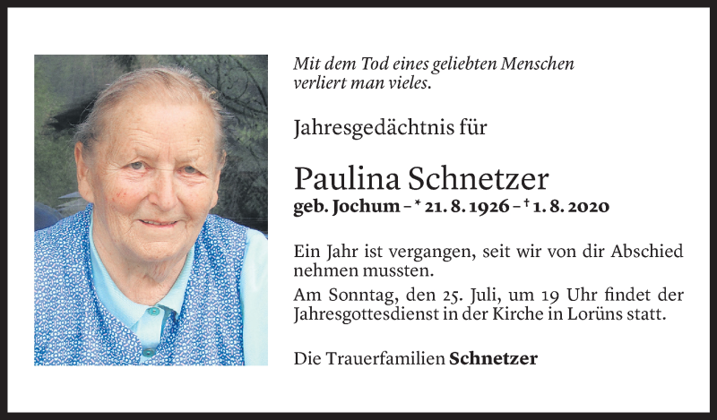  Todesanzeige für Paulina Schnetzer vom 22.07.2021 aus Vorarlberger Nachrichten