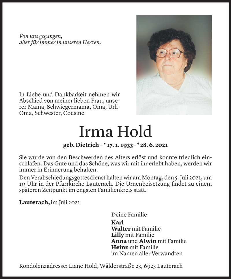  Todesanzeige für Irma Hold vom 02.07.2021 aus Vorarlberger Nachrichten