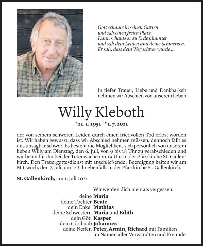  Todesanzeige für Willy Kleboth vom 02.07.2021 aus Vorarlberger Nachrichten