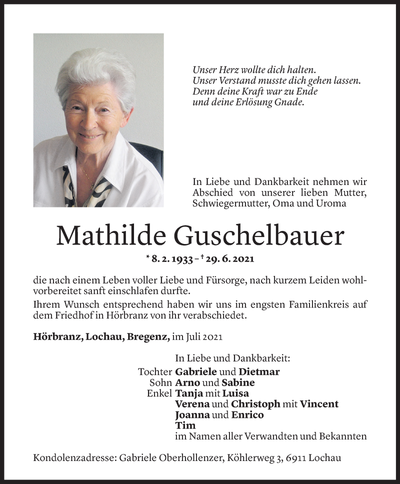  Todesanzeige für Mathilde Guschelbauer vom 10.07.2021 aus Vorarlberger Nachrichten