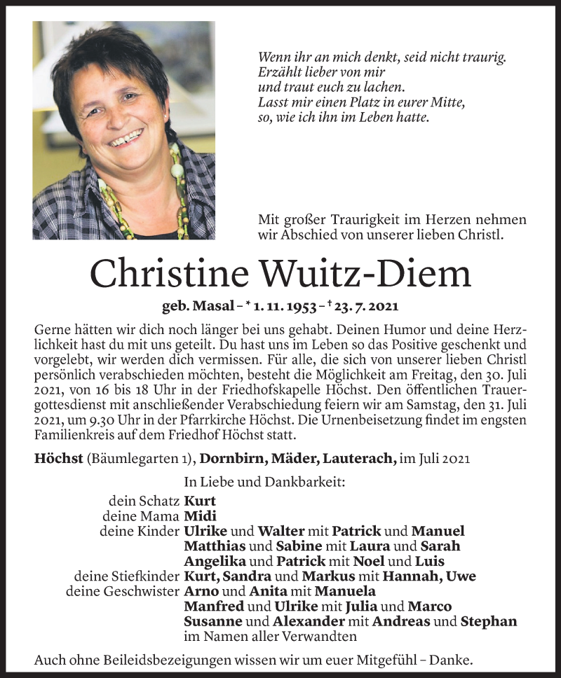  Todesanzeige für Christine Wuitz-Diem vom 27.07.2021 aus Vorarlberger Nachrichten