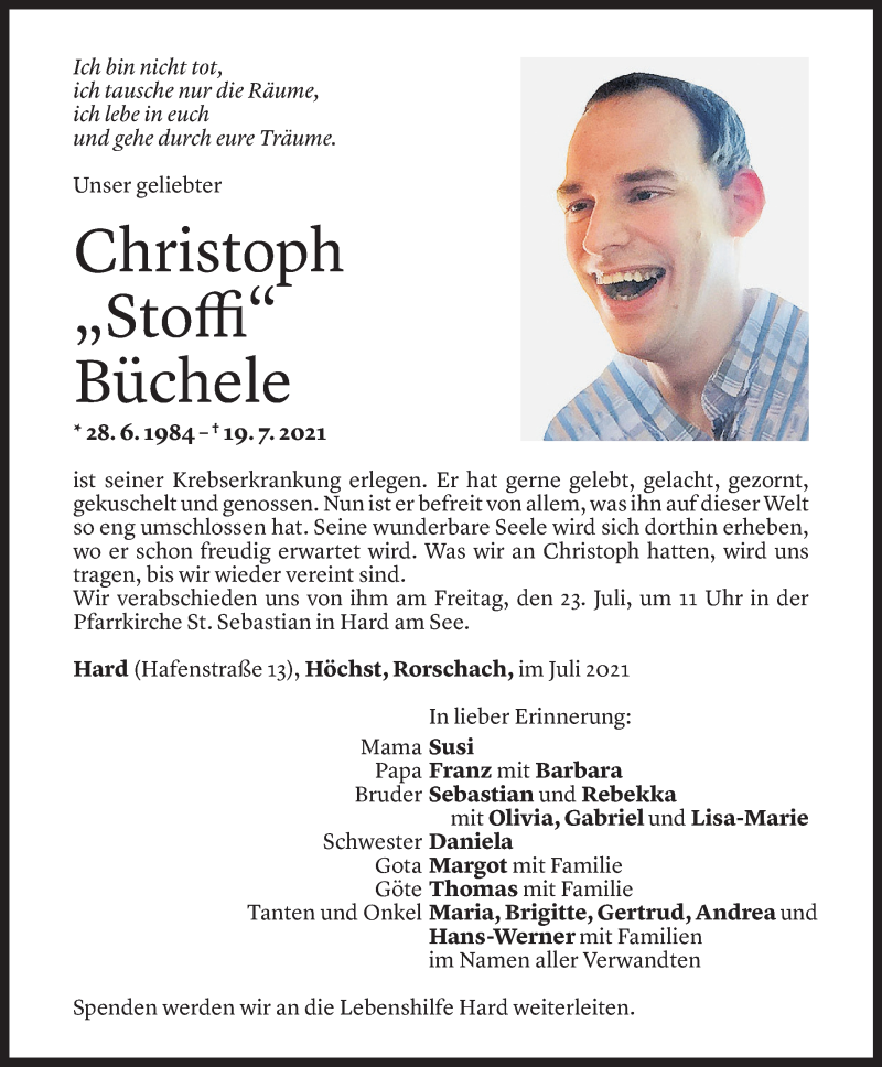  Todesanzeige für Christoph Büchele vom 20.06.2021 aus Vorarlberger Nachrichten