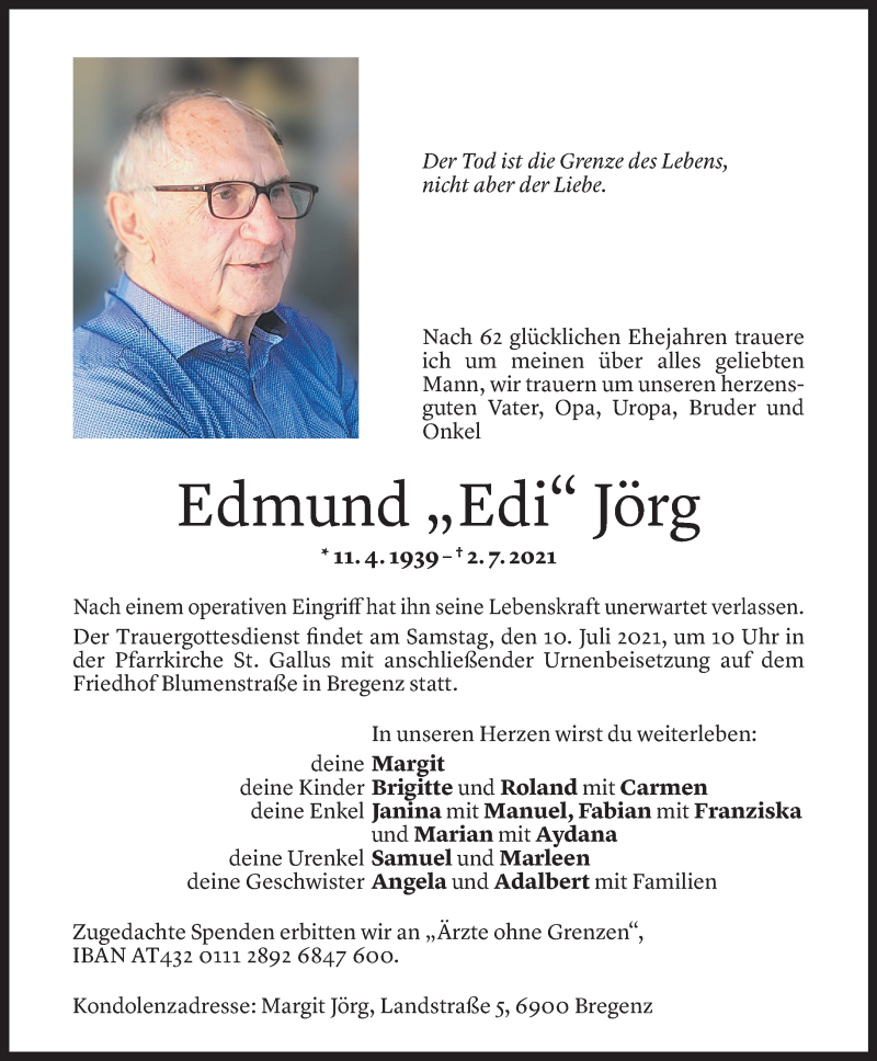  Todesanzeige für Edmund Jörg vom 06.07.2021 aus Vorarlberger Nachrichten