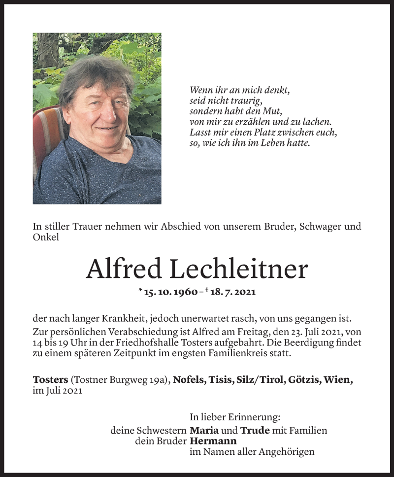  Todesanzeige für Alfred Lechleitner vom 21.07.2021 aus Vorarlberger Nachrichten