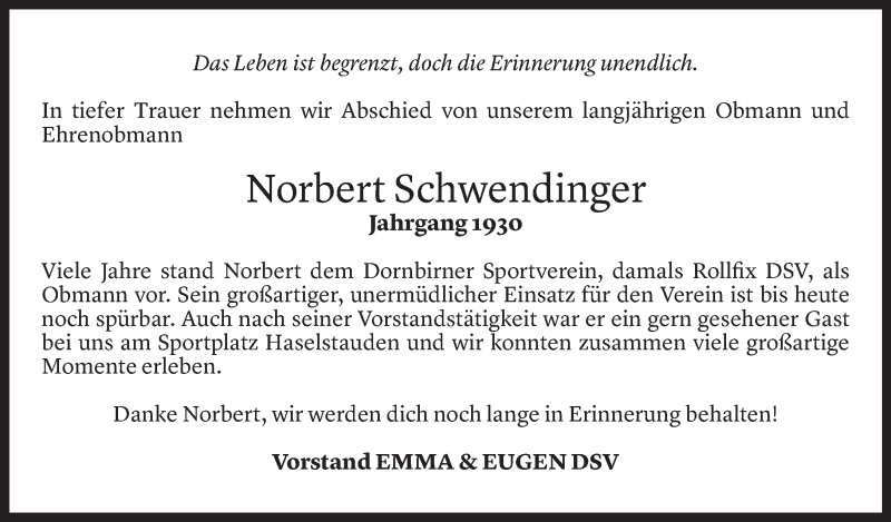  Todesanzeige für Norbert Schwendinger vom 26.07.2021 aus Vorarlberger Nachrichten