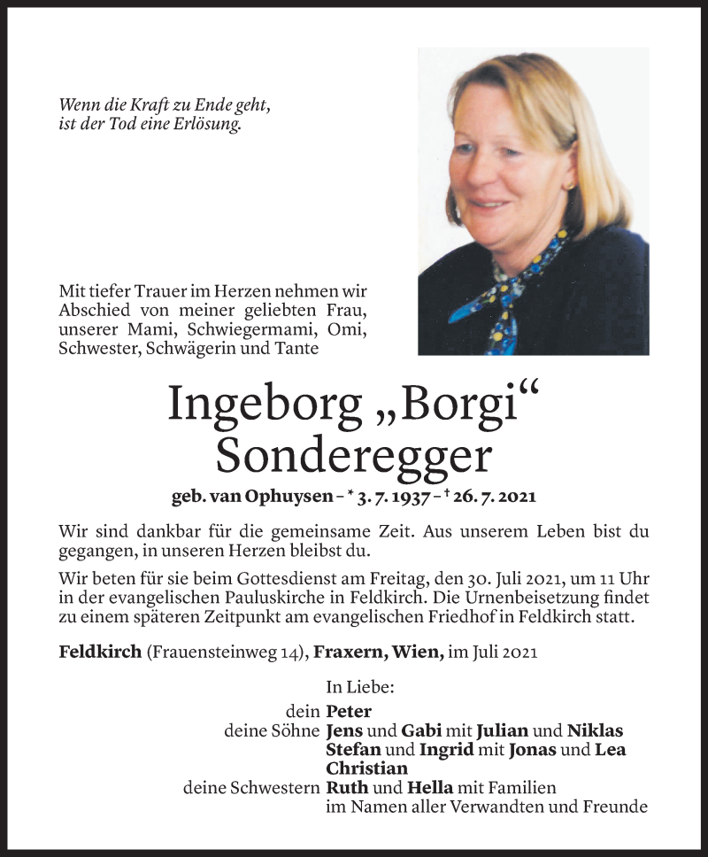  Todesanzeige für Ingeborg Sonderegger vom 27.07.2021 aus Vorarlberger Nachrichten