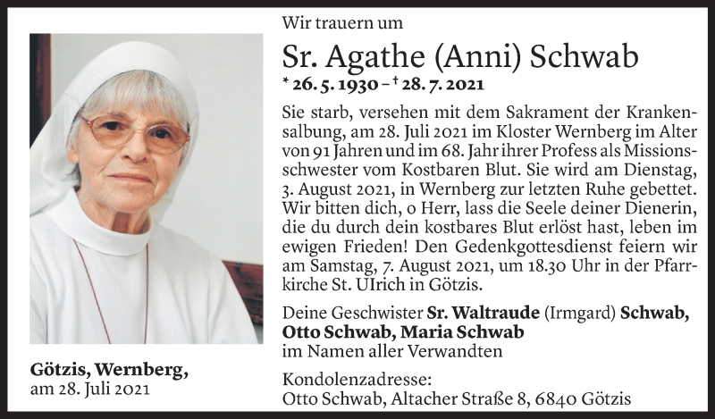  Todesanzeige für Agathe Schwab vom 29.07.2021 aus Vorarlberger Nachrichten