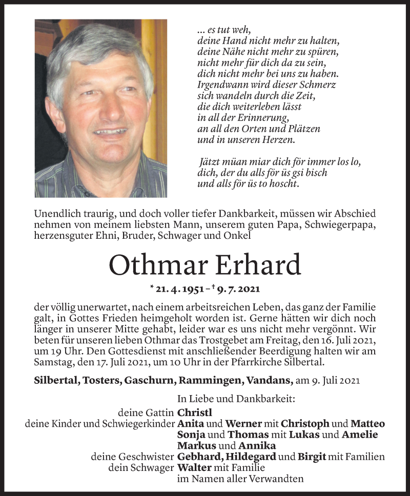  Todesanzeige für Othmar Erhard vom 13.07.2021 aus Vorarlberger Nachrichten