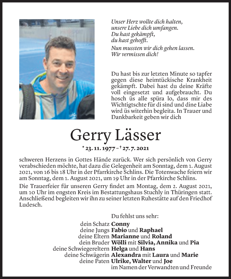  Todesanzeige für Gerhard Lässer vom 29.07.2021 aus Vorarlberger Nachrichten