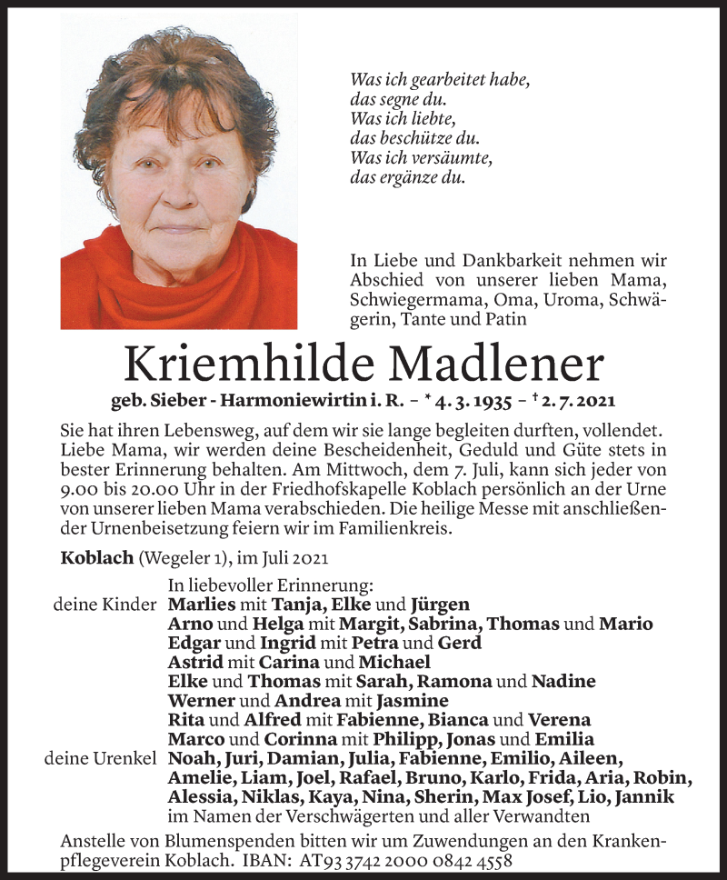  Todesanzeige für Kriemhilde Madlener vom 06.07.2021 aus Vorarlberger Nachrichten