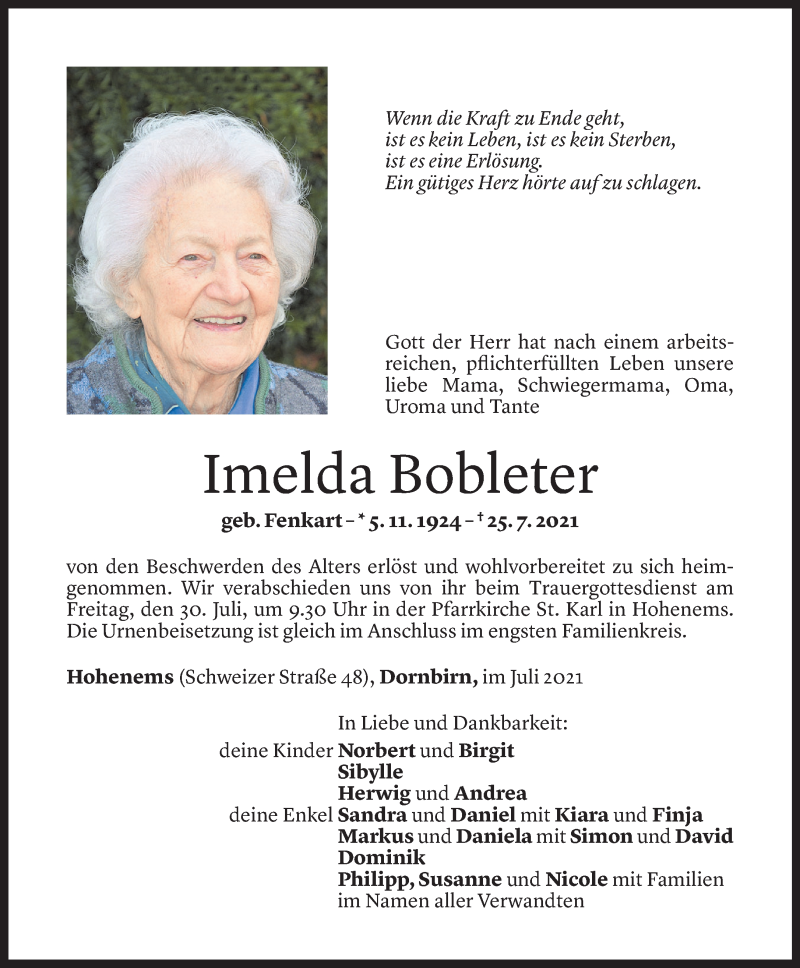  Todesanzeige für Imelda Bobleter vom 27.07.2021 aus vor