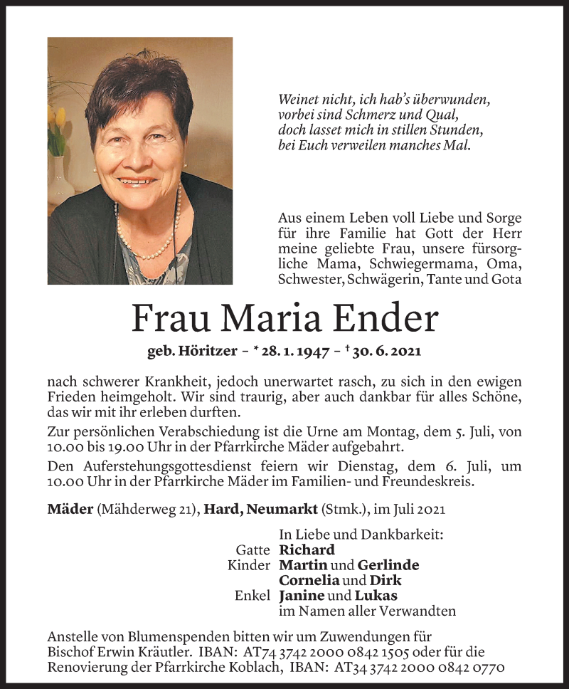  Todesanzeige für Maria Ender vom 02.07.2021 aus Vorarlberger Nachrichten
