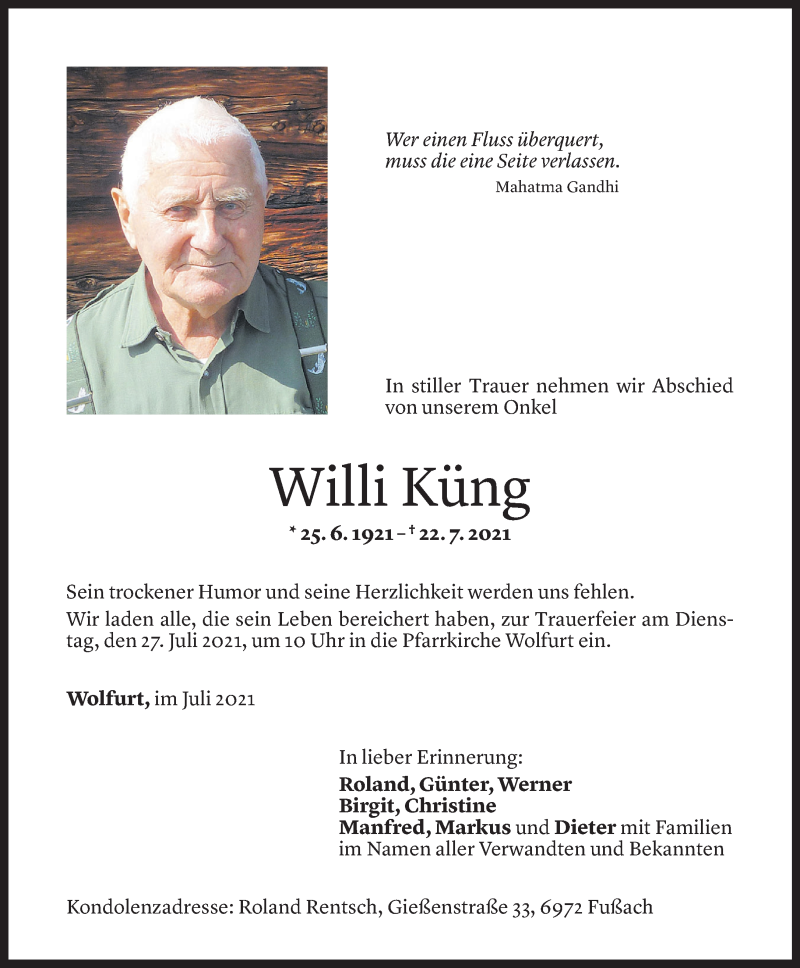  Todesanzeige für Willi Küng vom 25.07.2021 aus Vorarlberger Nachrichten