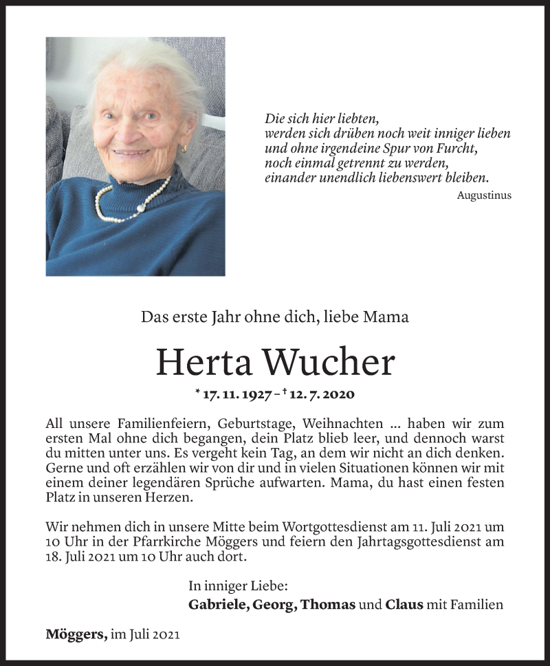  Todesanzeige für Herta Wucher vom 08.07.2021 aus Vorarlberger Nachrichten
