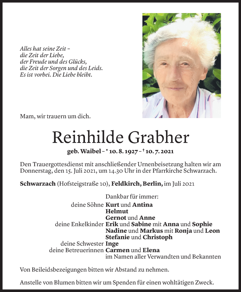  Todesanzeige für Reinhilde Grabher vom 12.07.2021 aus Vorarlberger Nachrichten