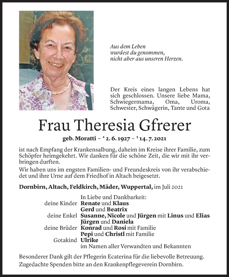 Todesanzeigen von Theresia Gfrerer | Todesanzeigen Vorarlberger Nachrichten