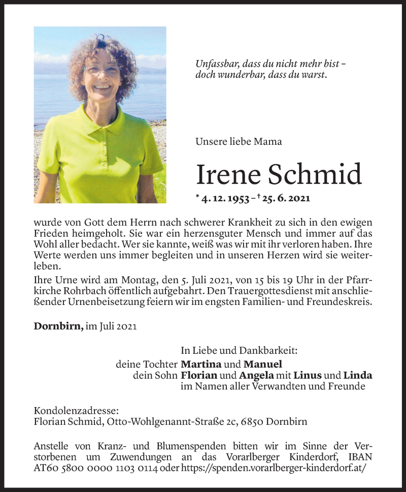  Todesanzeige für Irene Schmid vom 03.07.2021 aus Vorarlberger Nachrichten