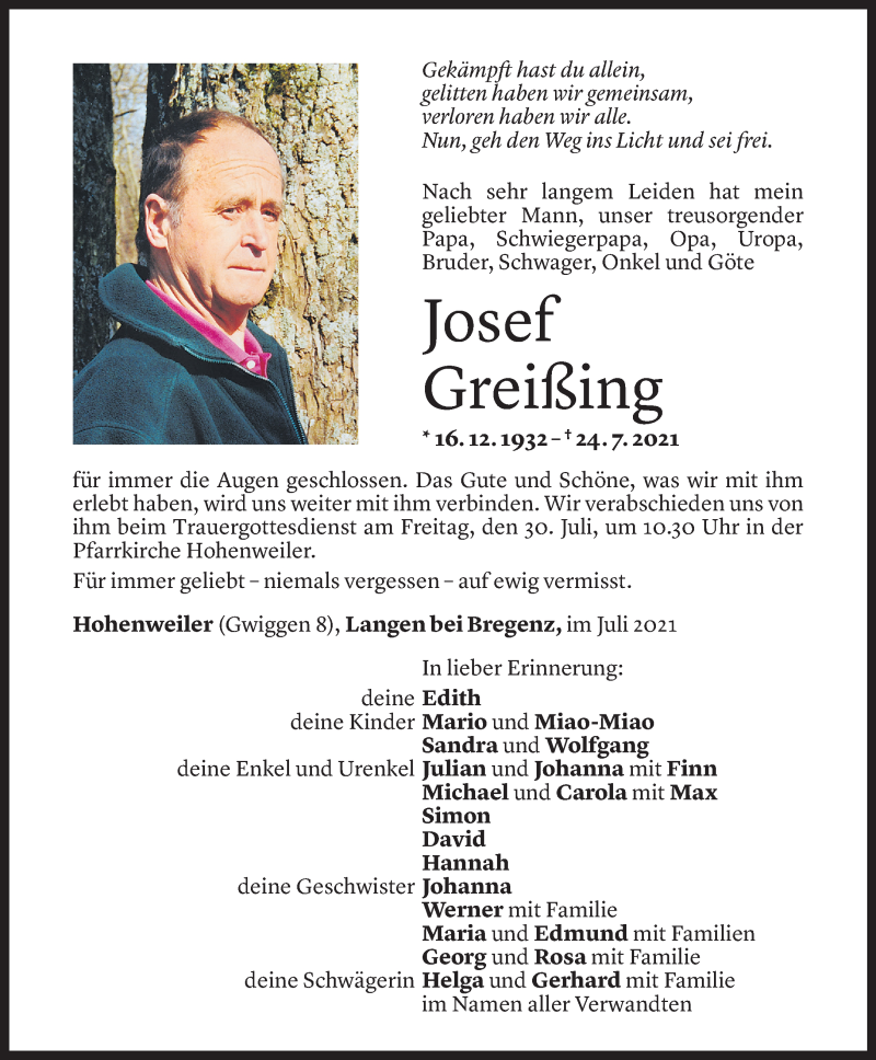  Todesanzeige für Josef Greißing vom 27.07.2021 aus Vorarlberger Nachrichten