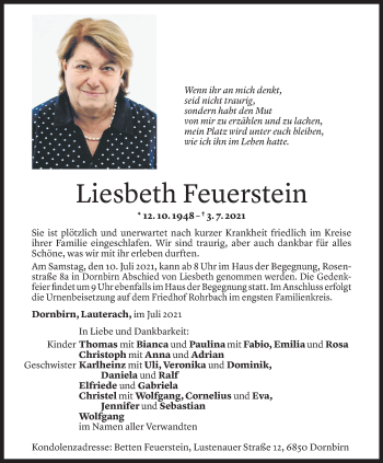 Todesanzeige von Liesbeth Feuerstein von Vorarlberger Nachrichten