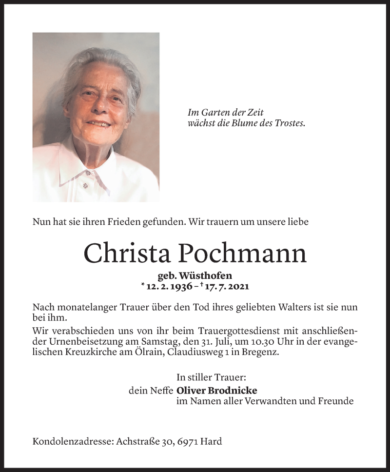  Todesanzeige für Christa Pochmann vom 27.07.2021 aus Vorarlberger Nachrichten