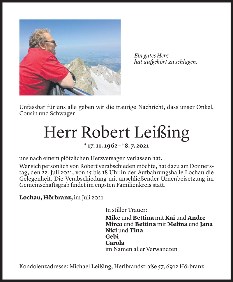  Todesanzeige für Robert Leißing vom 20.07.2021 aus Vorarlberger Nachrichten