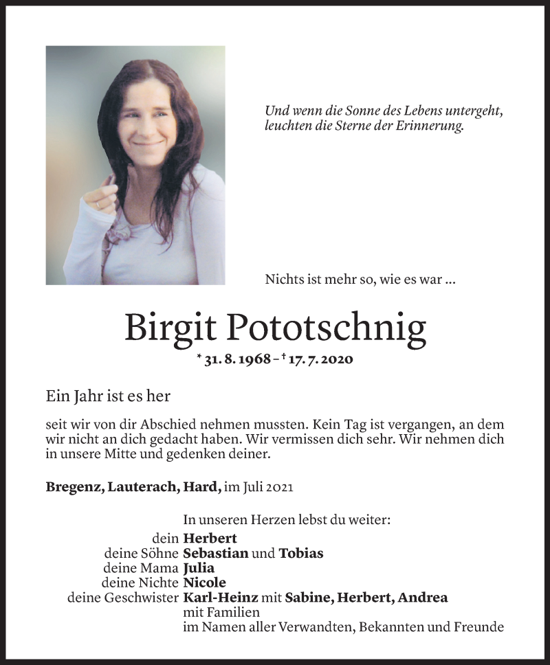  Todesanzeige für Birgit Pototschnig vom 16.07.2021 aus Vorarlberger Nachrichten