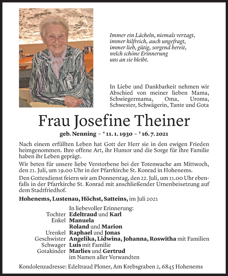  Todesanzeige für Josefine Theiner vom 19.07.2021 aus Vorarlberger Nachrichten