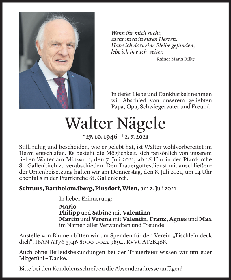  Todesanzeige für Walter Nägele vom 06.07.2021 aus Vorarlberger Nachrichten