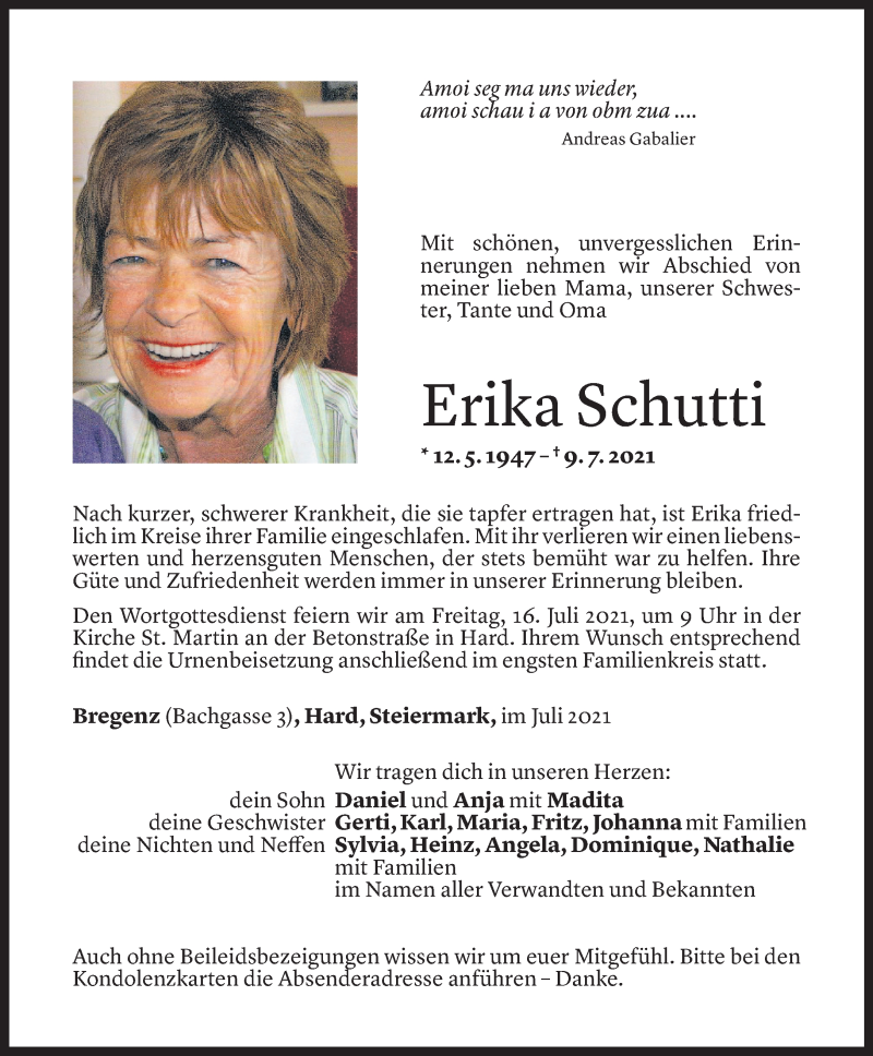  Todesanzeige für Erika Schutti vom 14.07.2021 aus Vorarlberger Nachrichten