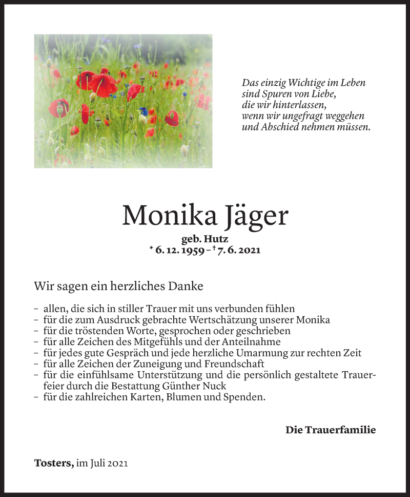 Todesanzeige für Monika Jäger vom 09.07.2021 aus Vorarlberger Nachrichten