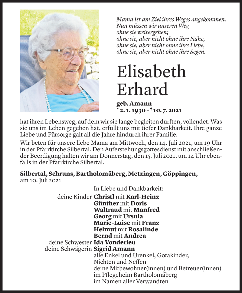  Todesanzeige für Elisabeth Erhard vom 11.07.2021 aus Vorarlberger Nachrichten