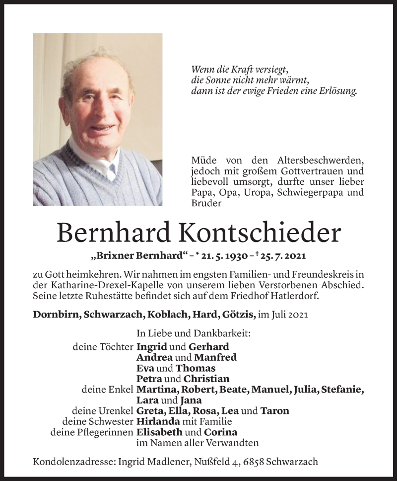  Todesanzeige für Bernhard Kontschieder vom 02.08.2021 aus Vorarlberger Nachrichten