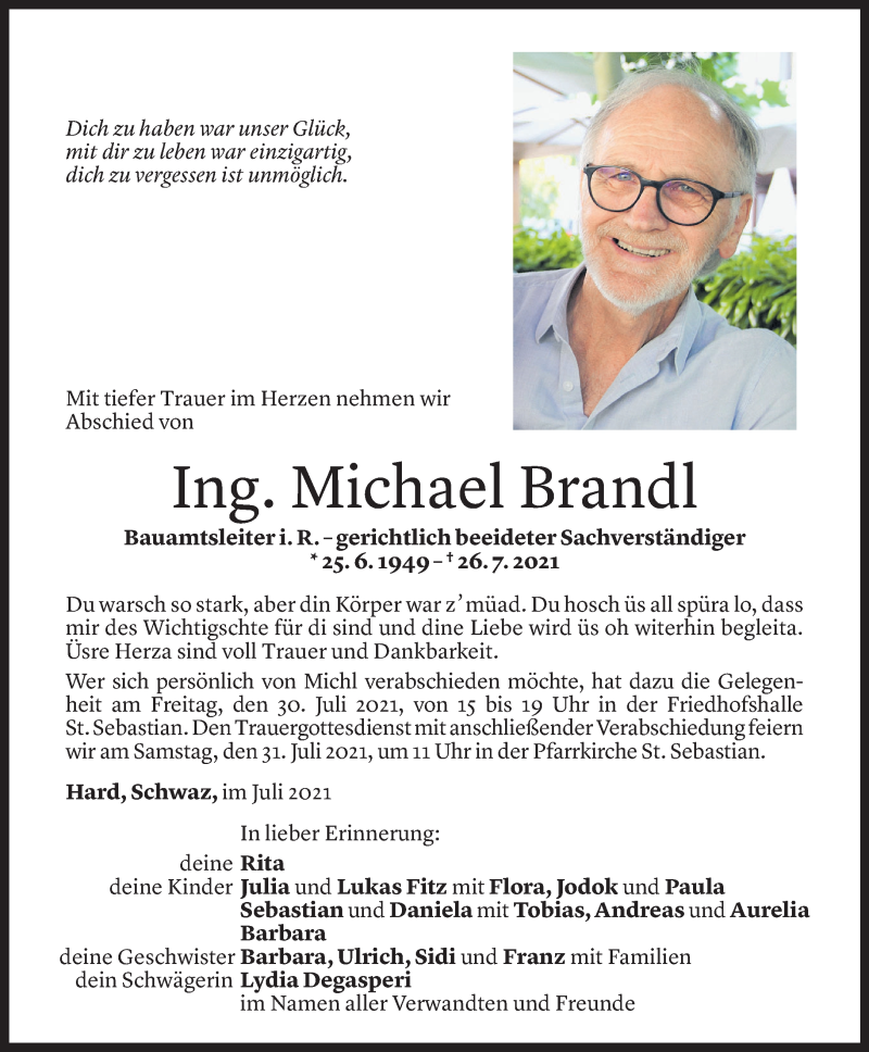  Todesanzeige für Michael Brandl vom 28.07.2021 aus Vorarlberger Nachrichten