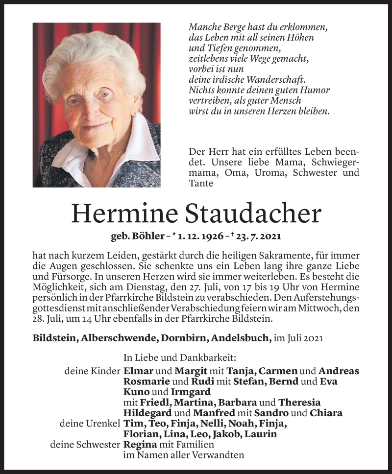  Todesanzeige für Hermine Staudacher vom 25.07.2021 aus Vorarlberger Nachrichten