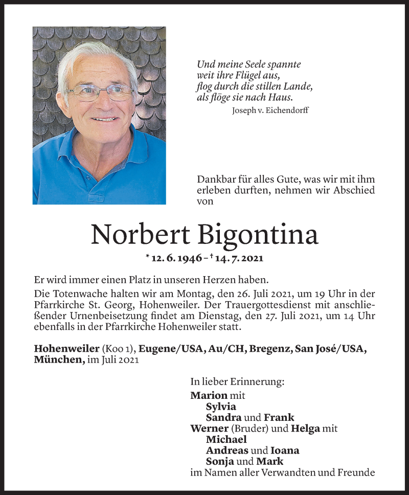  Todesanzeige für Norbert Bigontina vom 23.07.2021 aus Vorarlberger Nachrichten