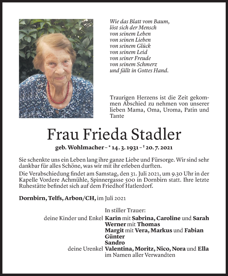  Todesanzeige für Frieda Stadler vom 27.07.2021 aus Vorarlberger Nachrichten