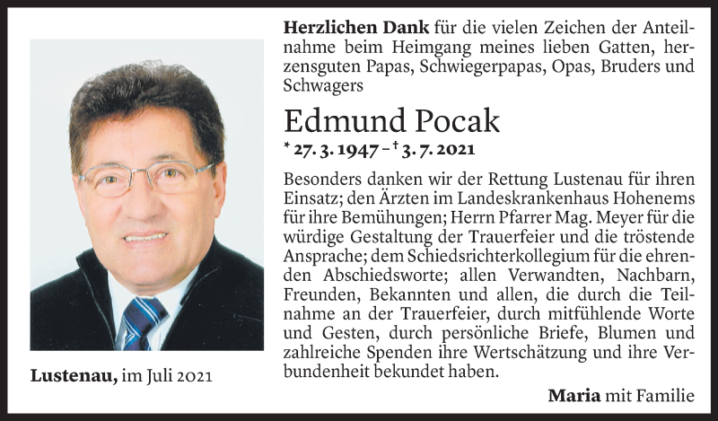  Todesanzeige für Edmund Pocak vom 28.07.2021 aus Vorarlberger Nachrichten