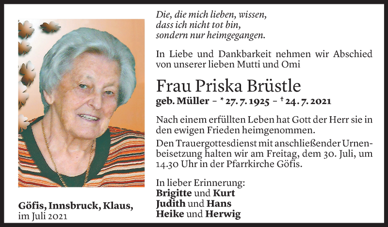  Todesanzeige für Priska Brüstle vom 28.07.2021 aus Vorarlberger Nachrichten