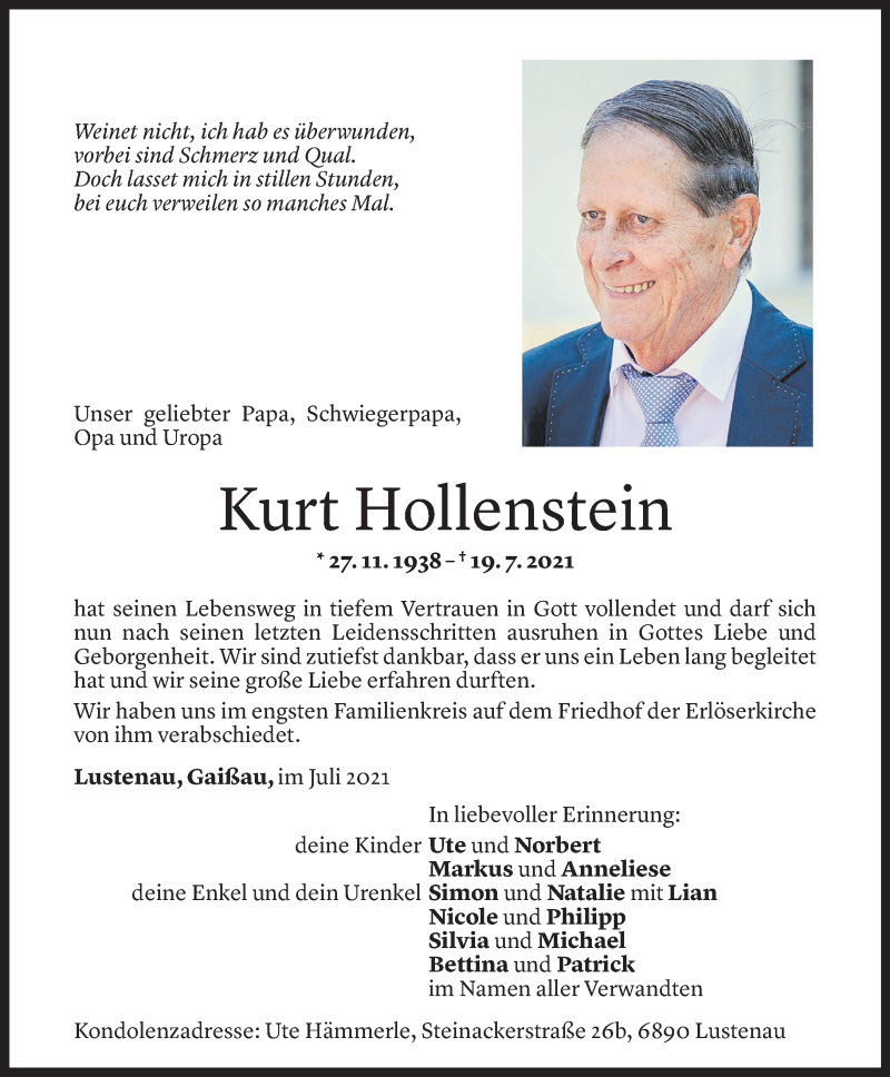  Todesanzeige für Kurt Hollenstein vom 24.07.2021 aus Vorarlberger Nachrichten