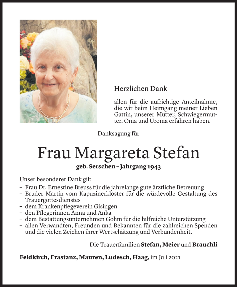  Todesanzeige für Margareta Stefan vom 30.07.2021 aus Vorarlberger Nachrichten