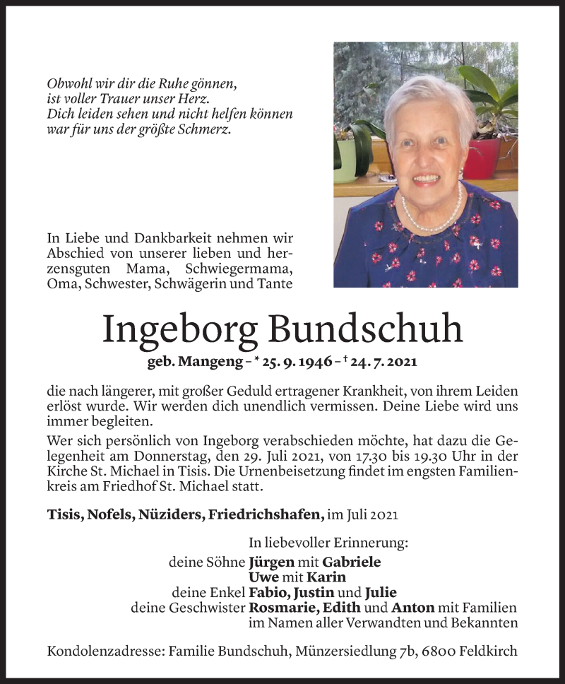  Todesanzeige für Ingeborg Bundschuh vom 27.07.2021 aus Vorarlberger Nachrichten