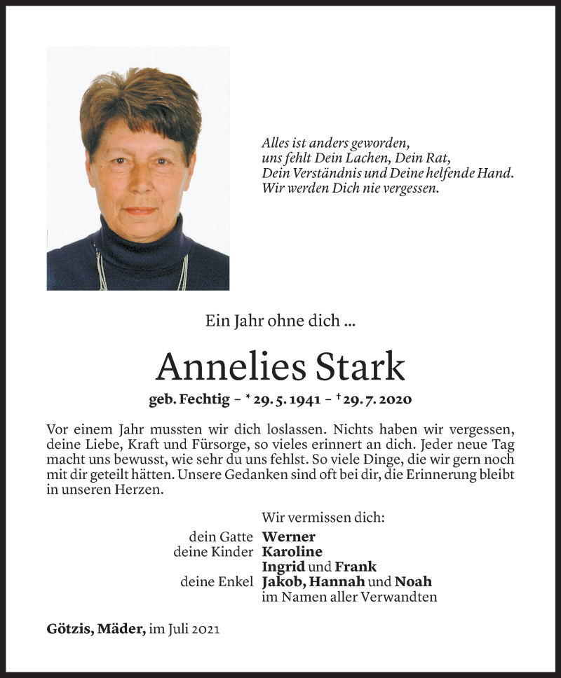  Todesanzeige für Annelies Stark vom 29.07.2021 aus Vorarlberger Nachrichten