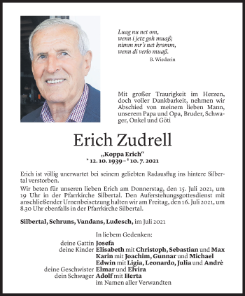 Todesanzeige von Erich Zudrell von Vorarlberger Nachrichten