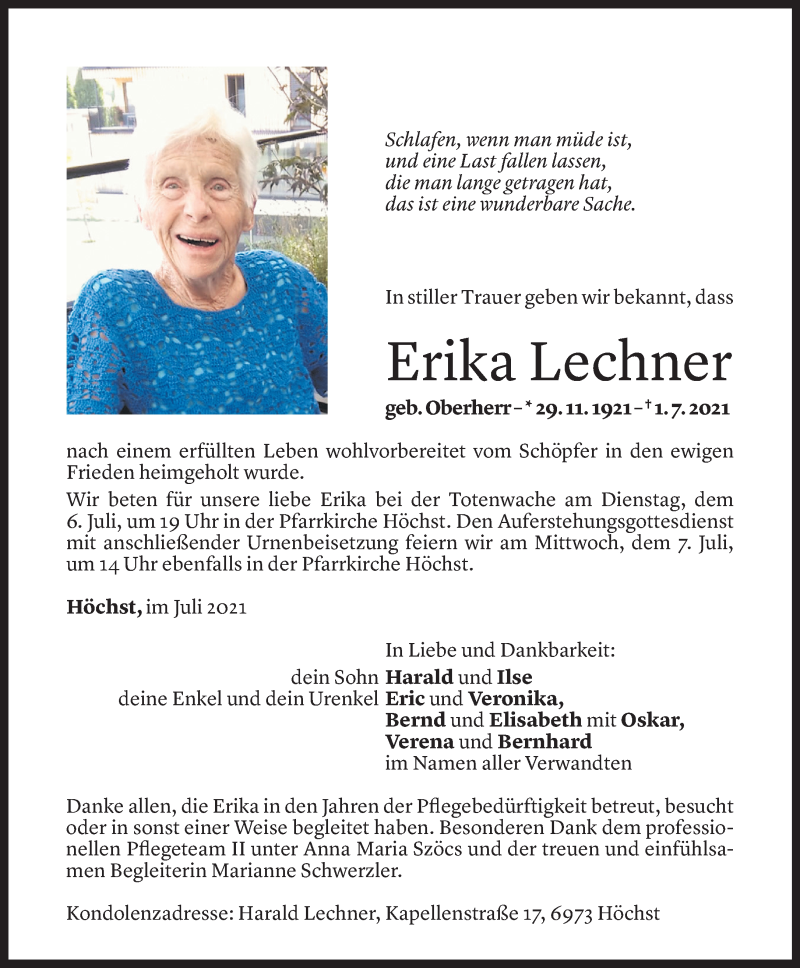  Todesanzeige für Erika Lechner vom 02.07.2021 aus Vorarlberger Nachrichten