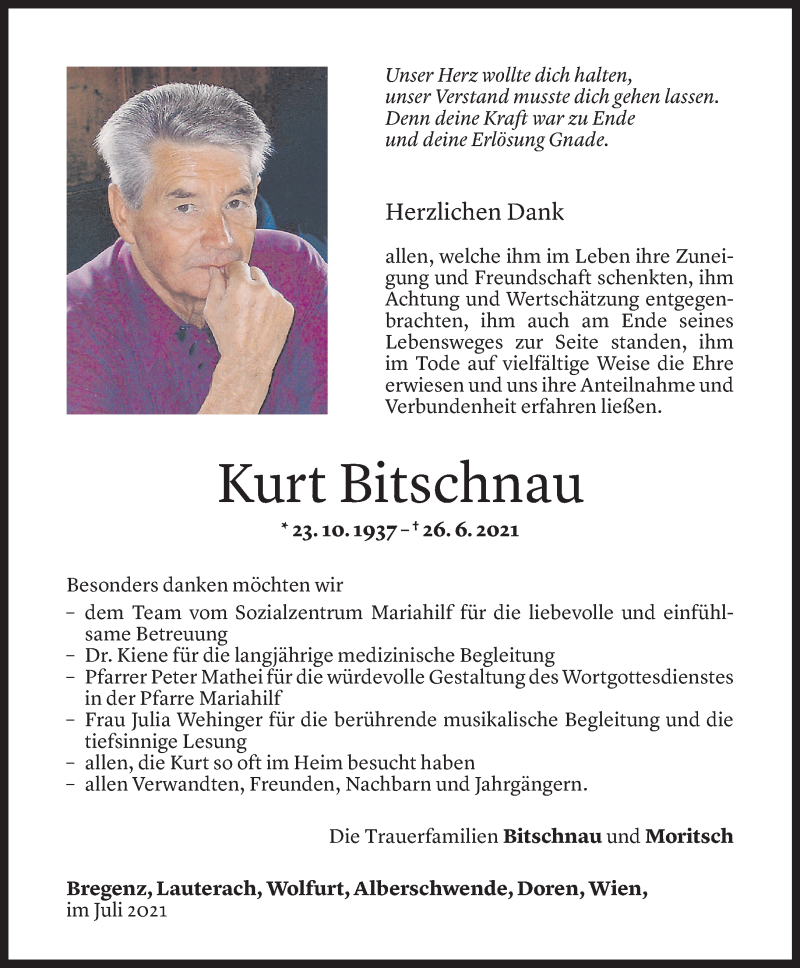  Todesanzeige für Kurt Bitschnau vom 23.07.2021 aus Vorarlberger Nachrichten