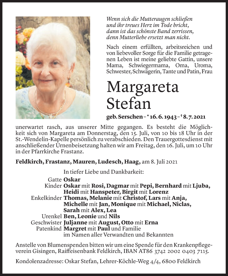  Todesanzeige für Margareta Stefan vom 13.07.2021 aus Vorarlberger Nachrichten