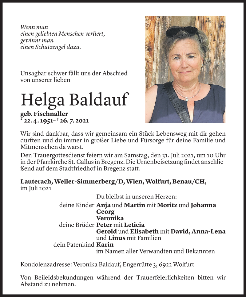  Todesanzeige für Helga Baldauf vom 28.07.2021 aus Vorarlberger Nachrichten