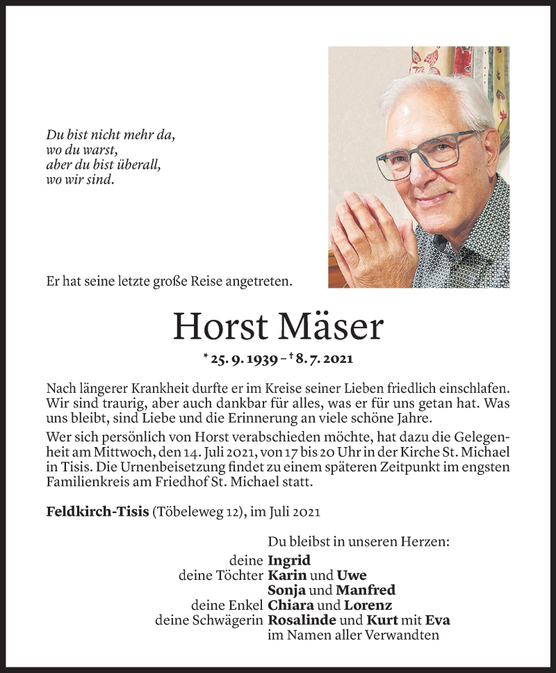  Todesanzeige für Horst Mäser vom 12.07.2021 aus Vorarlberger Nachrichten